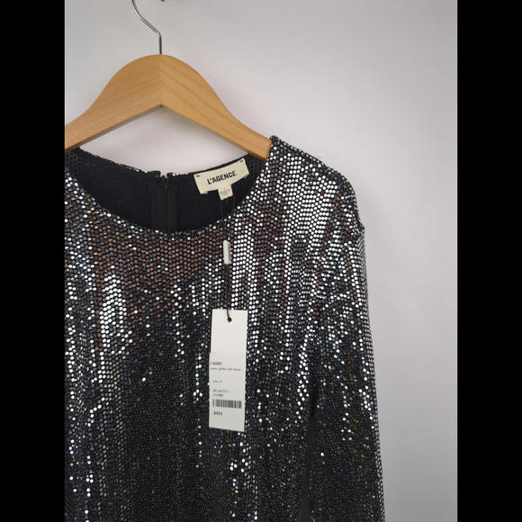 [SOLD] NWT $425 L'AGENCE Women's Sz US 4 S SUNNY Glitter Dress Metallic Silver - Picture 7 of 12